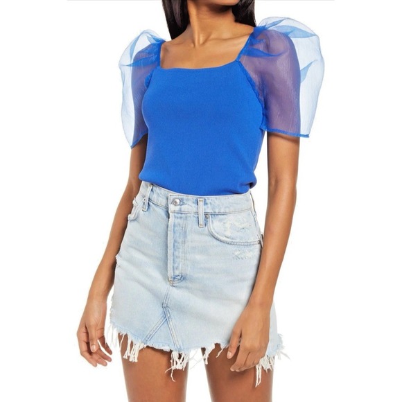 Endless Rose Women Sz Medium Knit Organza Puff Sleeve Ribbed Shirt Blue Romantic - Picture 1 of 10